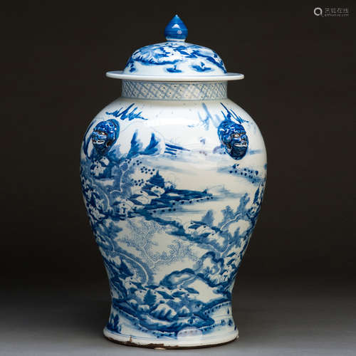 A BLUE AND WHITE JAR WITH LANDSCAPES