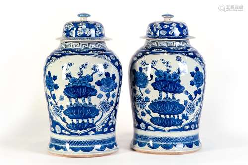 A PAIR OF BLUE AND WHITE JARS WITH FLOWERS