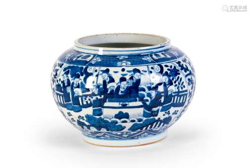 A BLUE AND WHITE PORCELAIN CACHEPOT