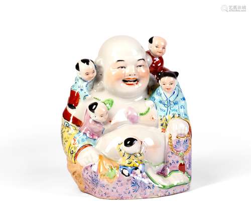 A FAMILLE ROSE PORCELAIN MAITREYA BUDDHA WITH FIVE BOYS