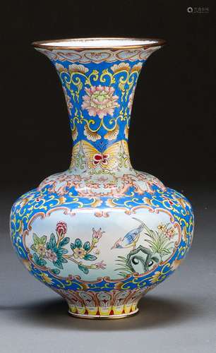 A ENAMEL COPPER VASE WITH BIRDS AND FLOWERS