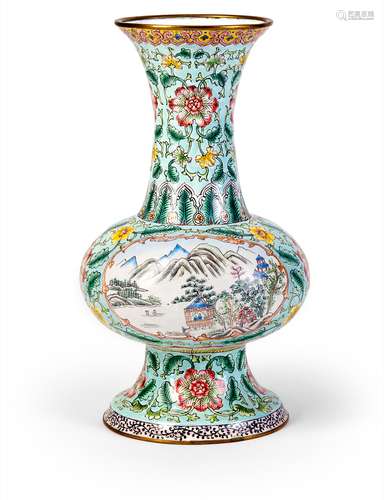 A ENAMEL COPPER VASE WITH LANDSCAPES