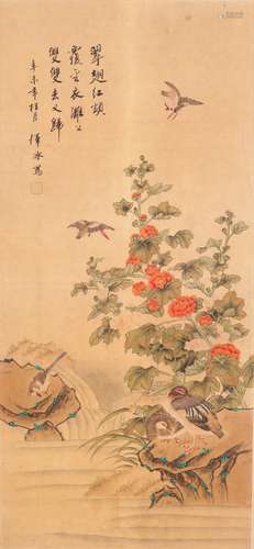 A CHINESE PAINTING OF MANDARIN DUCK AND FLOWERS BY 