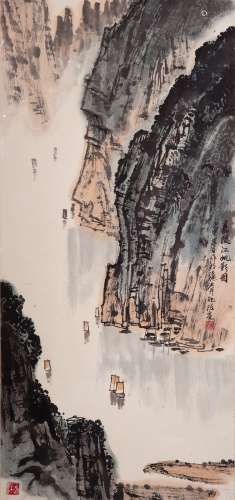 A CHINESE PAINTING OF SAILBOAT IN THE JIALING RIVER BY 