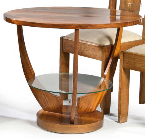 Round side table in walnut with glass shelf