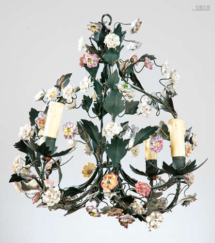 Hanging lamp in painted iron and porcelain flowers