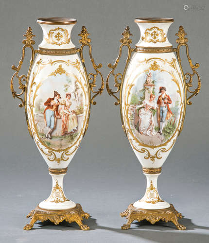 Pair of Sèvres porcelain vases and gilded bronze f…