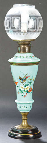 Oil lamp in turquoise opaline with painted decorat…