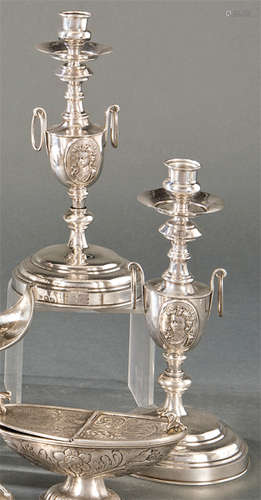 Pair of Spanish silver candlesticks punched with g…