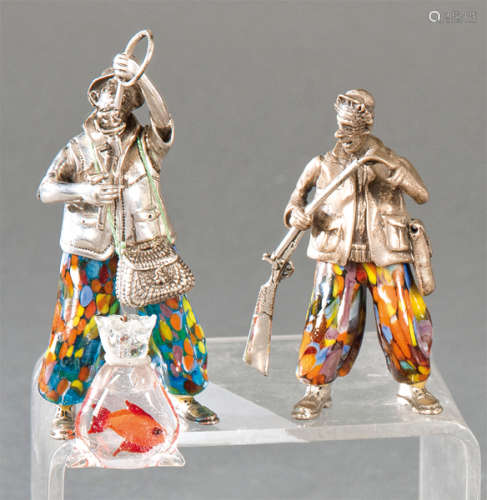 Two Clowns made of silver and Murano glass.