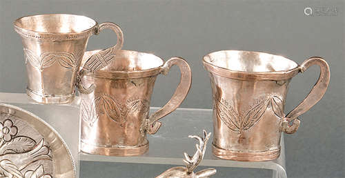 Three ancient cups of Peruvian silver and copper.