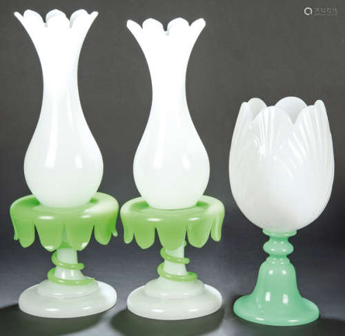 Pair of vases and a glass in white and green opali…