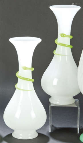 Pair of white opaline bottles with green ribbon wr…