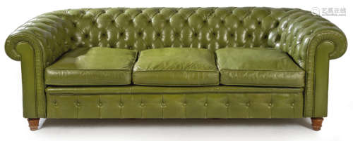 Three seat Chesterfield sofa, with green leather c…