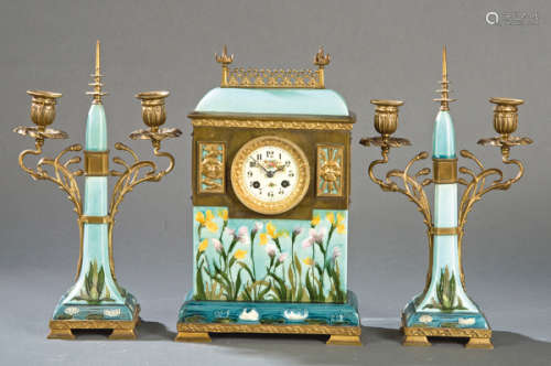 Art nouveau table clock with enameled metal candle…