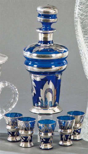 Liquor and five cobalt blue Murano glass, fire sil…