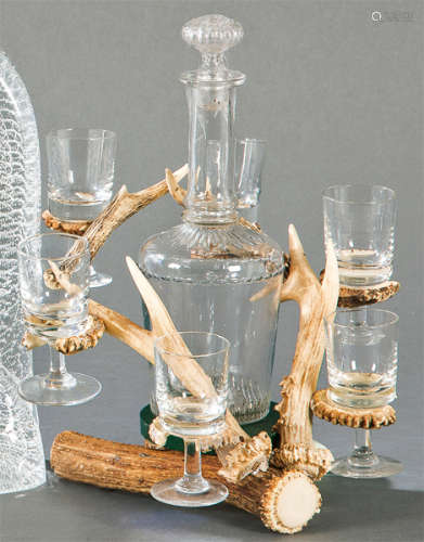 Liquor and six glass cups with roe deer support, F…