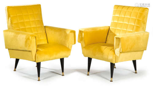 Pair of armchairs upholstered in yellow velvet, wi…