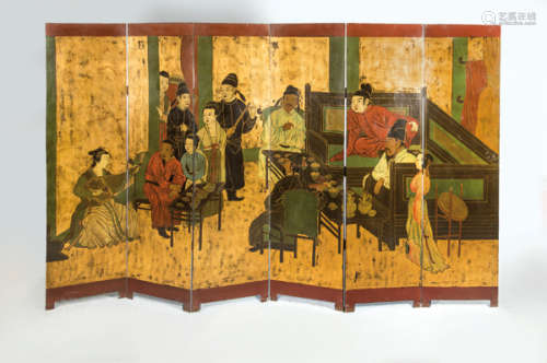 Chinese screen with six sheets of painted wood pp.…
