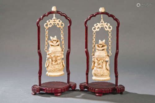 Pair of carved ivory censers