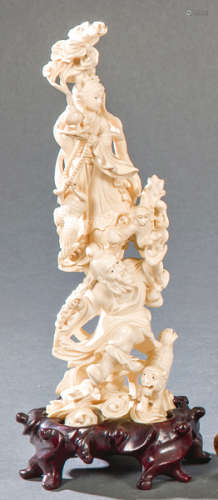 Woman with Monkeys, Tiger and Sage carved in ivory…