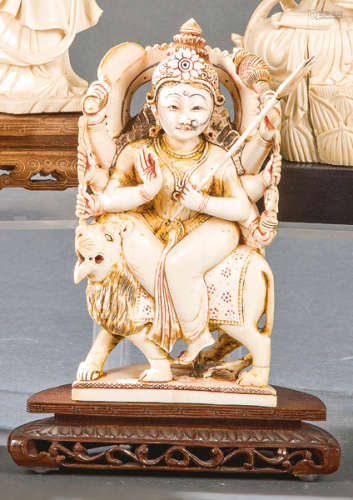 Goddess Durga On the Lion carved in ivory, polychr…