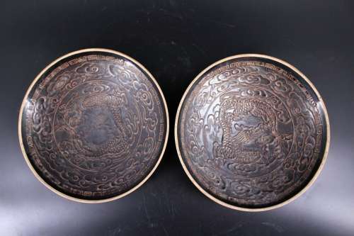 Pair of Ming Porcelain Black Ding Dragon Plate