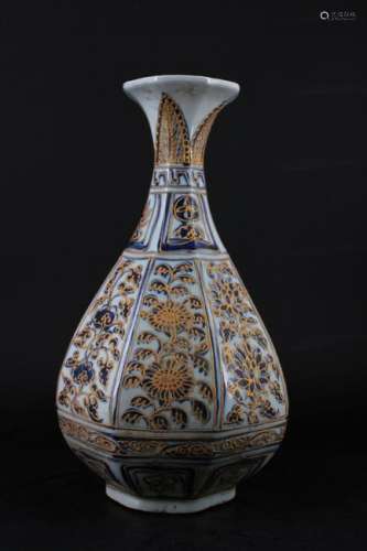 Chinese Ming Porcelain Blue&White Gold Gilt Vase