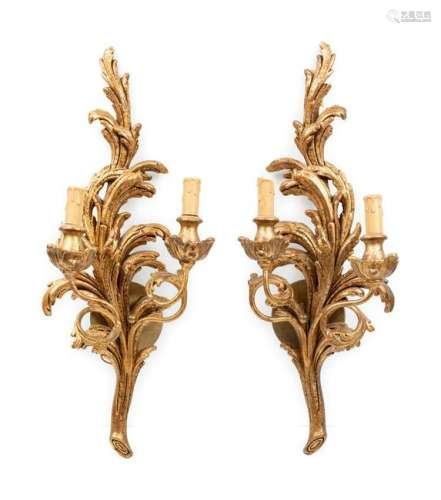 A Pair of Louis XV Style Giltwood Two-Light Sconces