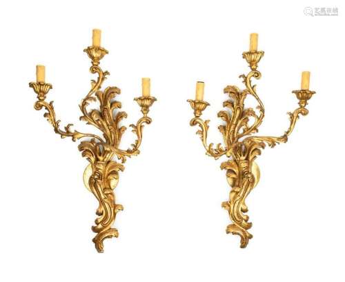 A Pair of Louis XV Style Giltwood Three-Light Sconces