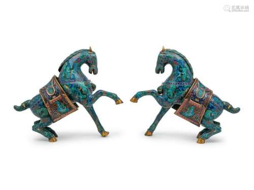 A Pair of Chinese Cloisonne Models of Horses