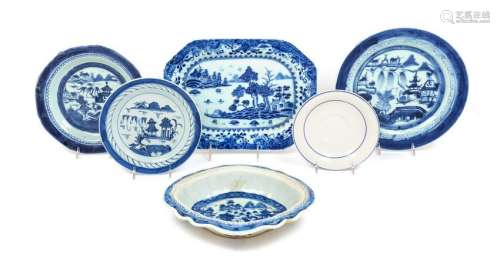 Six Chinese Export Blue and White Porcelain Dishes