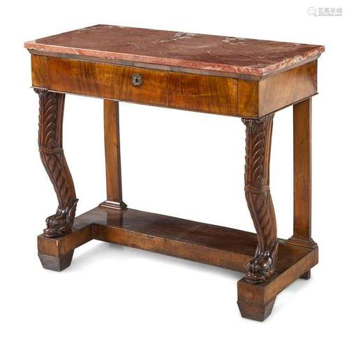 A Neoclassical Figured Mahogany Marble Top Console