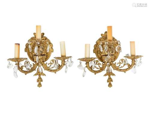 A Pair of French Gilt Bronze Three-Light Sconces