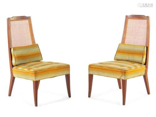 A Pair of Upholstered Caned Back Lounge Chairs