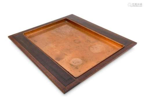 A Copper and Leather Inset Wood Serving Tray