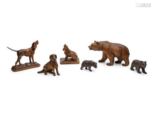 Six Black Forest Carved Oak Animal Figures