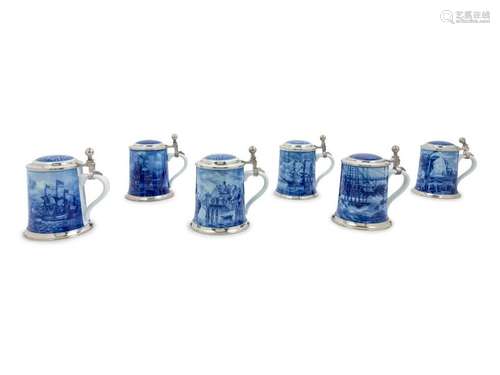 A Set of Six Berlin Design Pewter Mounted Porcelain