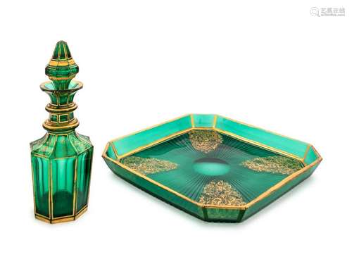 A Continental Green Glass Tray and Decanter