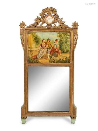 A Continental Painted and Parcel Gilt Trumeau Mirror