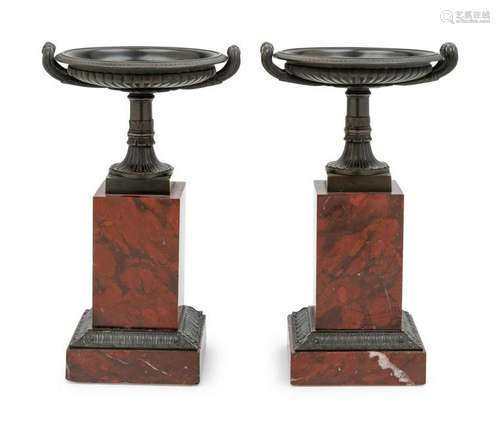 A Pair of Continental Bronze and Marble Table Ornaments