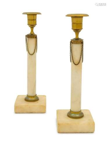 A Pair of Gilt Metal Mounted Marble Candlesticks