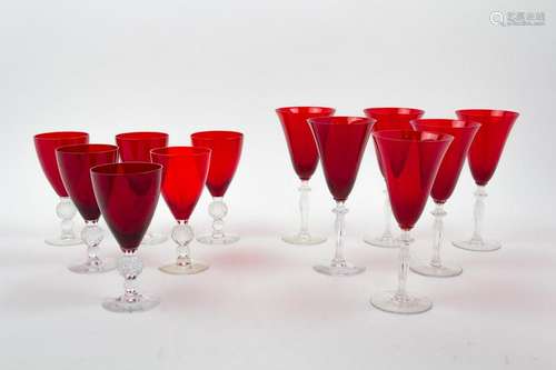 Twelve Cranberry and Clear Glass Stemware Articles