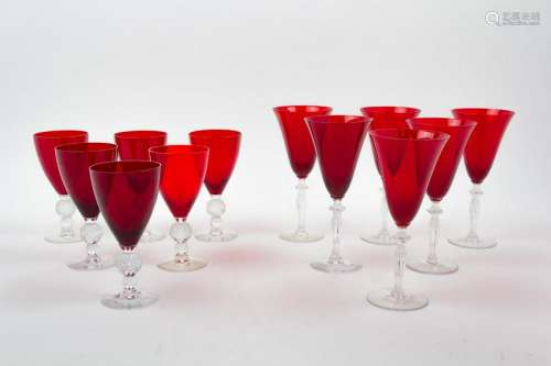 Twelve Cranberry and Clear Glass Stemware Articles