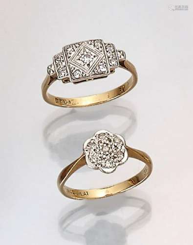 Lot 2 18 kt gold Art-Deco rings with diamonds