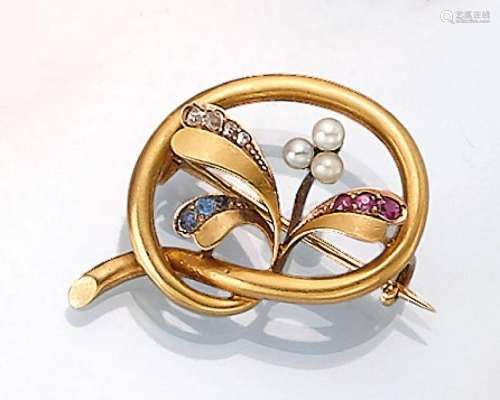 14 kt gold brooch with pearl, coloured stones and
