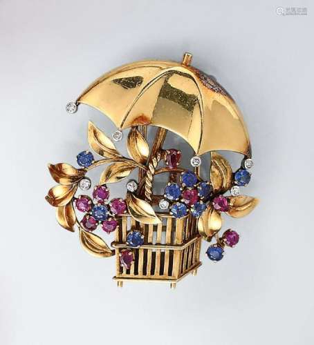18 kt gold brooch with coloured stones and diamonds
