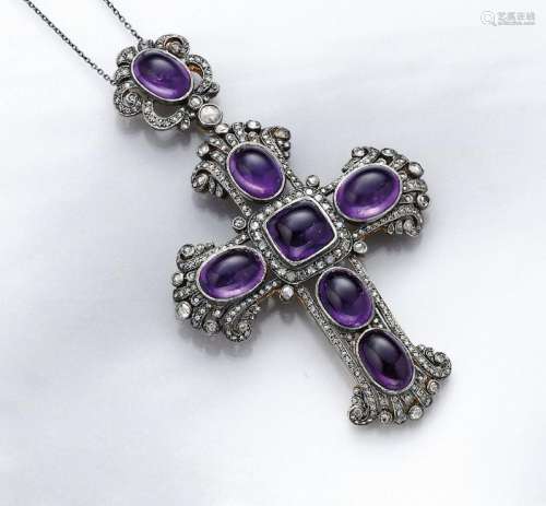 Crosspendant/brooch with amethysts and brilliants