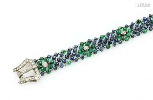 Platinum Art-Deco bracelet with coloured stones and