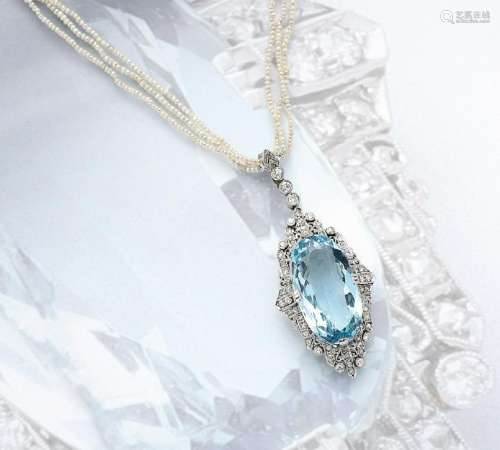 Art-Deco necklace with aquamarine, diamonds and orient